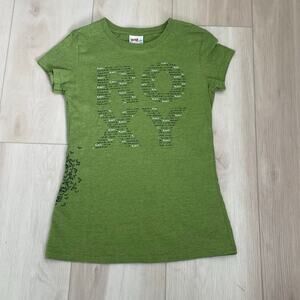 Roxy Y2K Women's Green Graphic Baby Tee Surf -Skate Fitted Top- Size Large